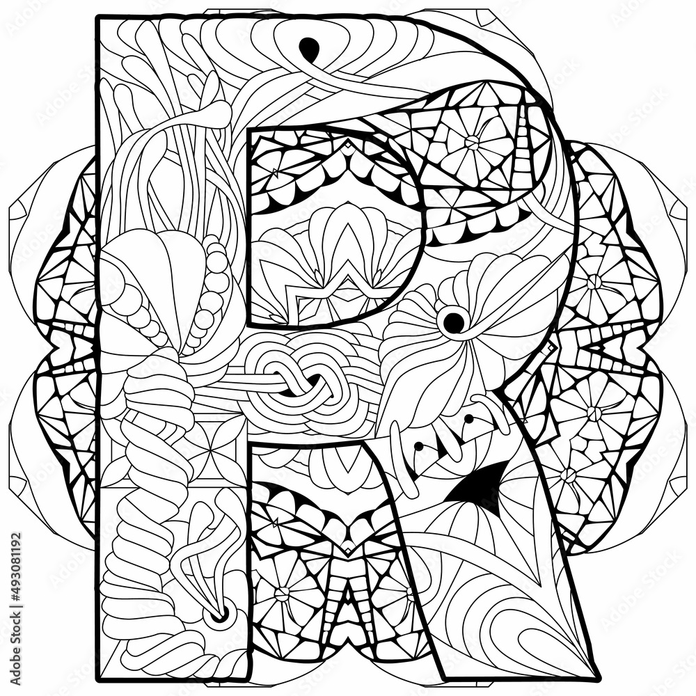 Letter R monogram, engraving design on mandala for coloring. Vector illustration. Letter R monogram, engraving design on mandala for coloring. Vector illustration.