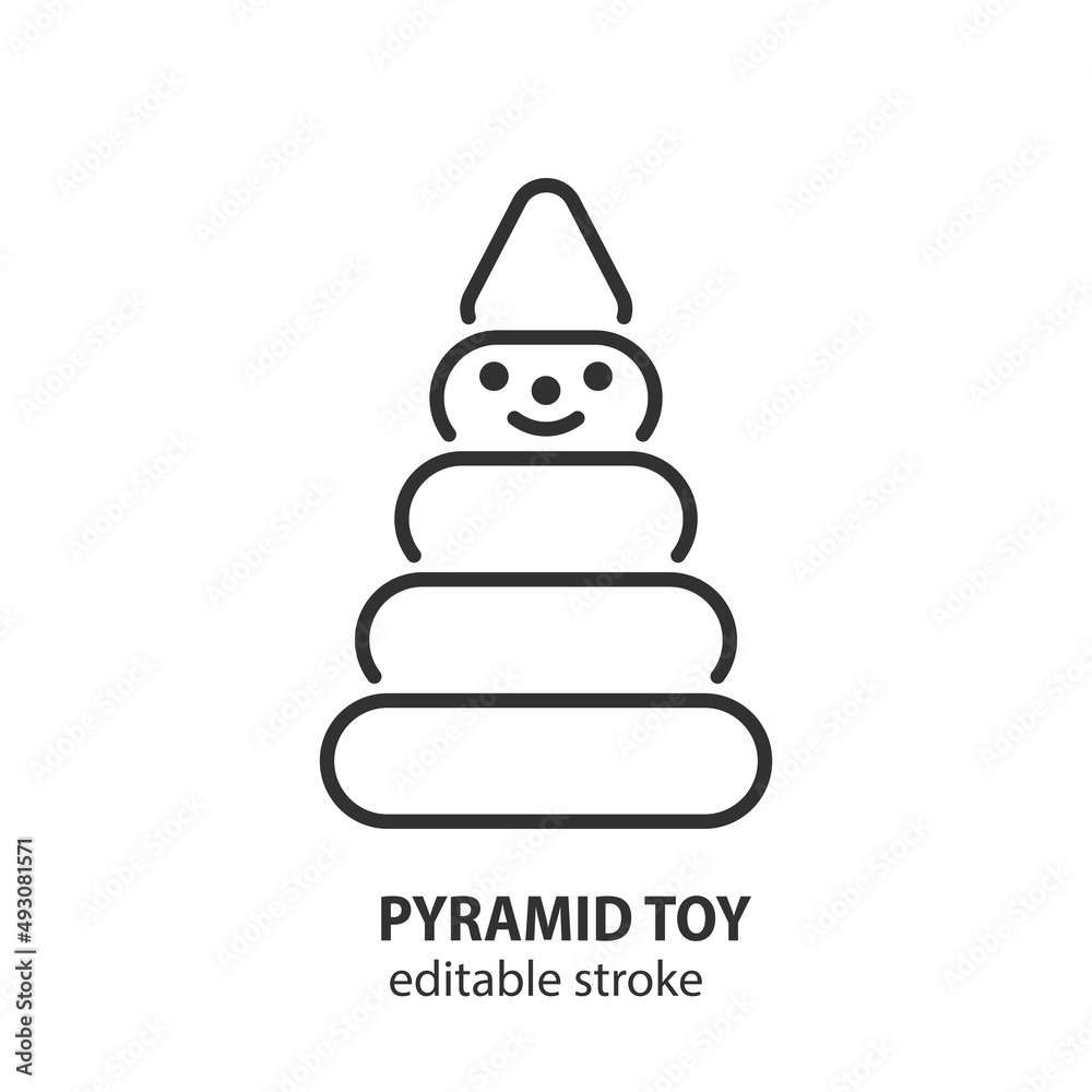 Pyramid build from wooden rings with a smiling face line icon. Baby toy vector symbol. Editable stroke. Pyramid build from wooden rings with a smiling face line icon. Baby toy vector symbol. Editable stroke.
