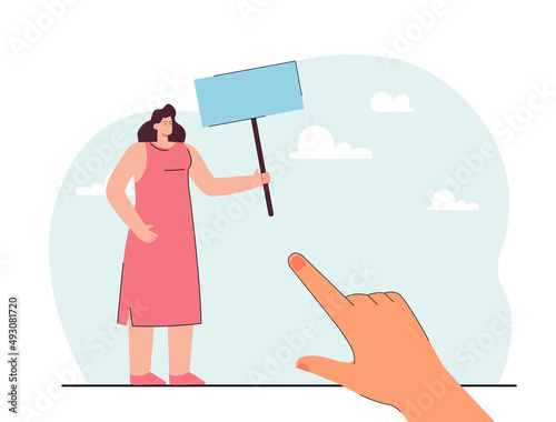 Huge hand pointing at activist with blank placard. Female protestor at demonstration flat vector illustration. Protest, politics, freedom concept for banner, website design or landing web page