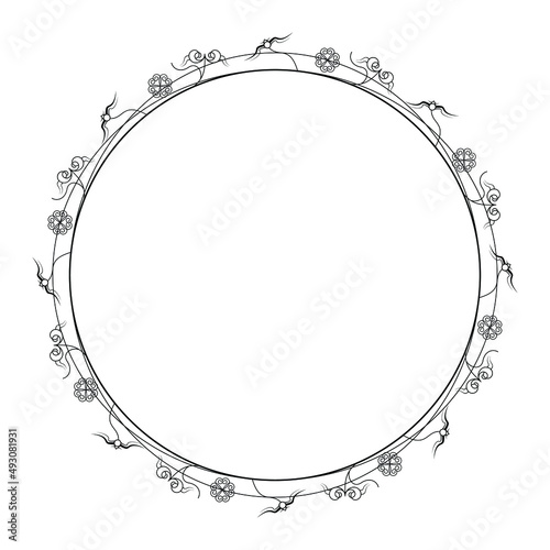 Abstract Black Simple Line Round Circle With Leaf Leaves Frame Flowers Doodle Outline Element Vector Design Style Sketch Isolated Illustration For Wedding And Banner