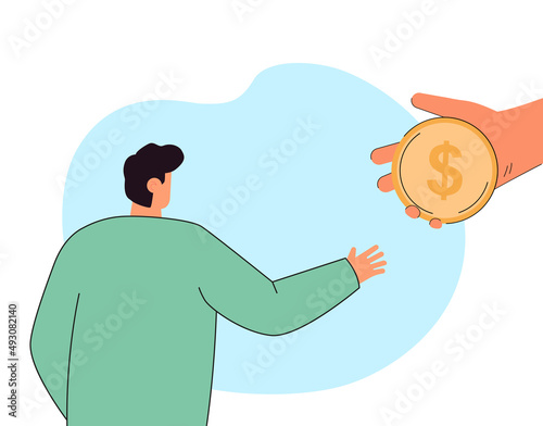 Cartoon man reaching for gold coin in big hand. Male character taking loan in bank or borrowing money from friend flat vector illustration. Financial help, debt concept for banner or landing web page