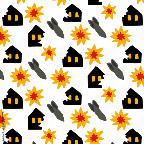 rockets and ruined house from explosion seamless doodle pattern, vector illustration