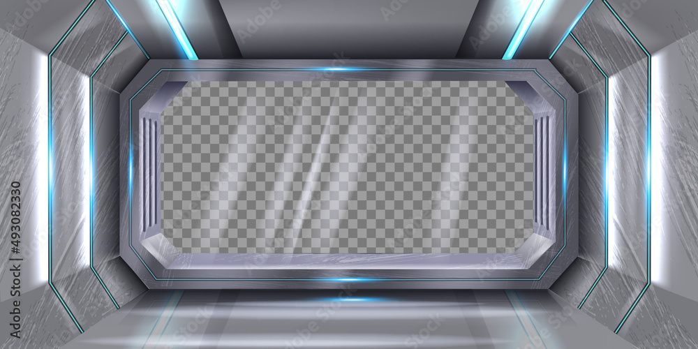 Space ship interior, vector 3D space station inside view, spacecraft glass window, futuristic metal walls. Technology shuttle science hallway, silver fiction game frame, neon light. Space ship cockpit