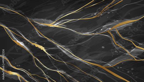 Black marble texture vector background, luxury minimal wallpaper, abstract dark stone floor design. Kitchen granite material top view, gray elegant backdrop golden white lines. Black marble banner