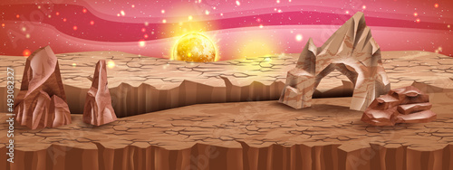 Mars landscape, cracked stone, vector alien planet red background, Saturn, sky, Martian desert rocks. Game space banner, fantastic land surface, star cosmic adventure panorama. Mars landscape view