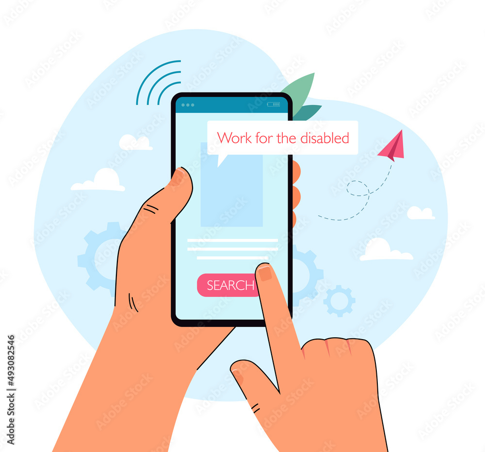 Hand of person with disability searching for work via phone. Smartphone screen with job search app flat vector illustration. Disability, accessibility, employment concept for banner, website design Hand of person with disability searching for work via phone. Smartphone screen with job search app flat vector illustration. Disability, accessibility, employment concept for banner, website design