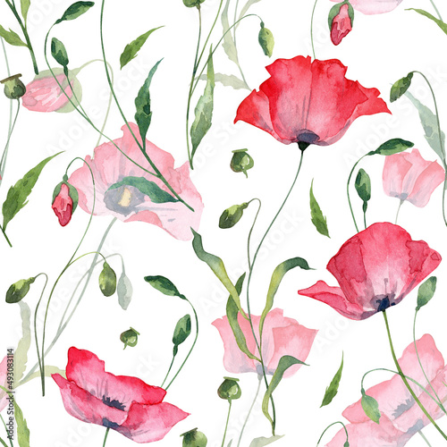 Obrazy do salonu Square seamless pattern on white background for textile design, wallpapers and wrapping paper  Watercolor hand painted botany poppy flowers with green leaves