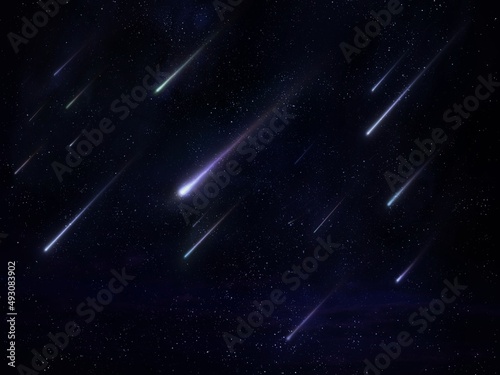 Meteor shower in the night sky with stars. A stream of bright meteorites entered the Earth's atmosphere. 