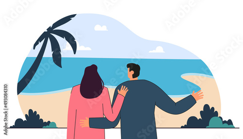 Cartoon husband and wife looking at tropical landscape. Family going on trip to seaside flat vector illustration. Traveling, tourism, vacation concept for banner, website design or landing web page
