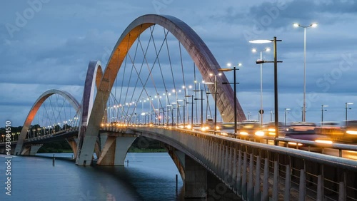 Time lapse view of rush hour traffic on JK Bridge in Brasilia, Federal District, capital of Brazil.  photo