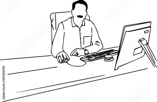 Line art illustration of business man opeting computer, Outline sketch drawing of computer operator photo