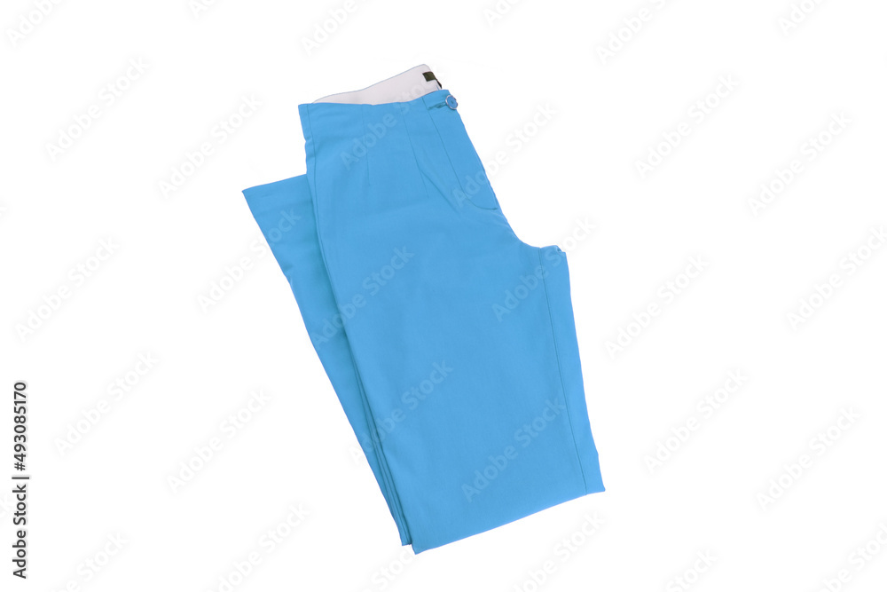 Womens trousers isolated. Close-up of a fashionable pair of blue casual or jersey trousers for the modern woman isolated on a white background.