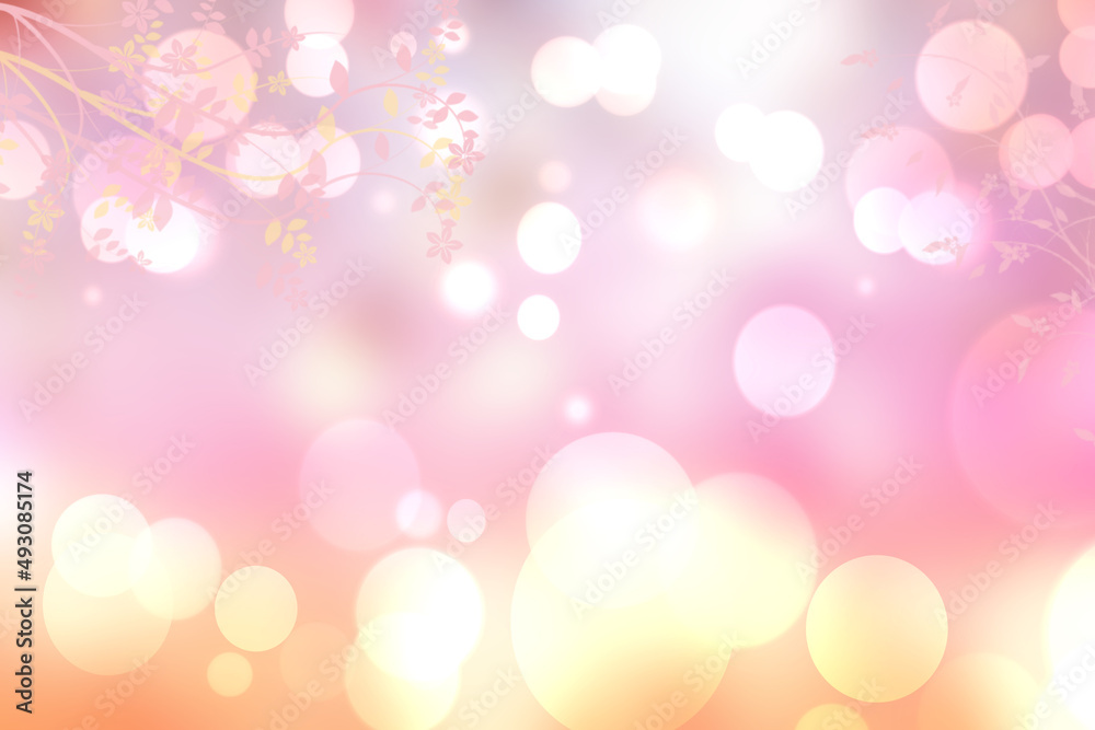 Hello Spring Background. Abstract blurred fresh vibrant summer light delicate pink white yellow bokeh background texture with bright plant branches. Card concept. Beautiful backdrop illustration. Hello Spring Background. Abstract blurred fresh vibrant summer light delicate pink white yellow bokeh background texture with bright plant branches. Card concept. Beautiful backdrop illustration.