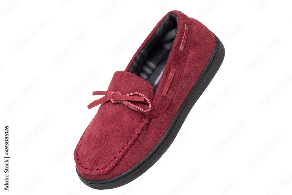 Slippers isolated. Close-up of a single of female red warm and soft cosy terry house slippers isolated on white background. Womans shoes. Macro. Slippers isolated. Close-up of a single of female red warm and soft cosy terry house slippers isolated on white background. Womans shoes. Macro.