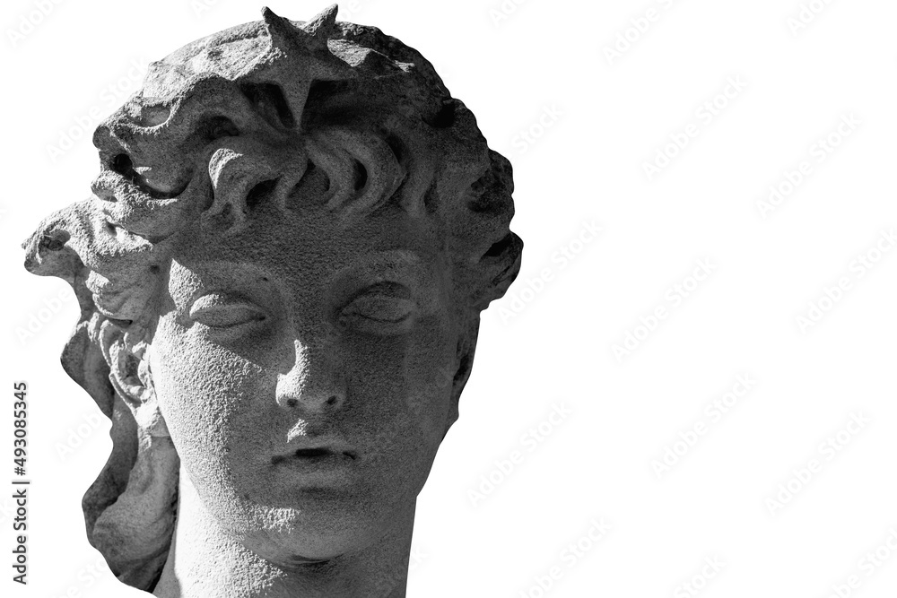 Olympic goddess of love in antique mythology Aphrodite (Venus) Fragment of ancient statue. Black and white image. Copy space for design.