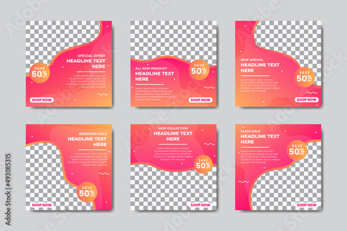 Set of Editable square instagram banner template. Yellow and pink background color with stripe line shape. Suitable for social media post and web internet ads. Vector illustration with photo college