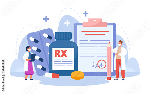 Tiny pharmacists with prescription drugs for patients. Pharmaceutical industry, RX symbol on bottle of painkillers flat vector illustration. Pharmacy, medicine, health concept for banner