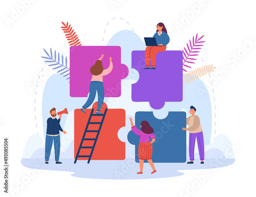 Tiny business persons working on jigsaw puzzle together. Metaphor for cooperation or partnership, collaboration between team of people flat vector illustration. Communication, teamwork concept