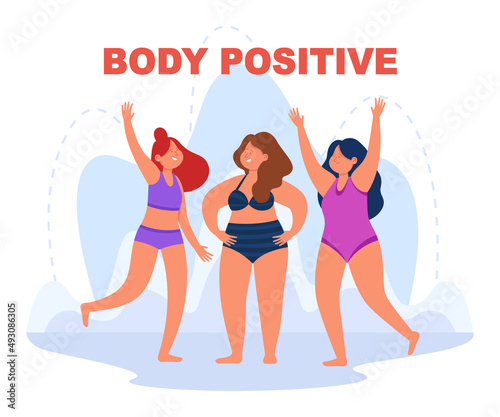 Happy cartoon women with different body types in bikinis. Plus size models, smiling females in swimsuits flat vector illustration. Beauty, fashion, body positive, healthy lifestyle concept for banner
