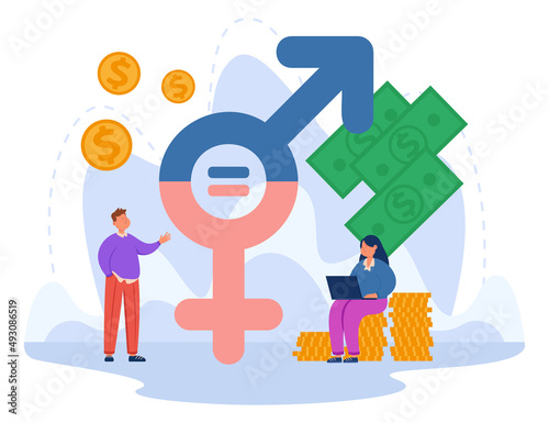 Businessman and businesswoman with male and female symbol. Respect for women, no gender discrimination in business flat vector illustration. Gender equality, diversity, tolerance concept for banner