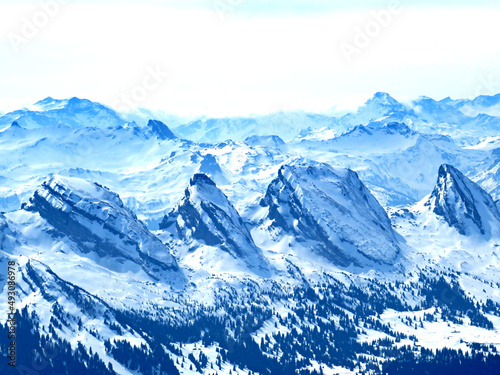 Snowy peaks of the Swiss alpine mountain range Churfirsten (Churfürsten or Churfuersten) in the Appenzell Alps massif - Canton of Appenzell Innerrhoden, Switzerland (Schweiz)