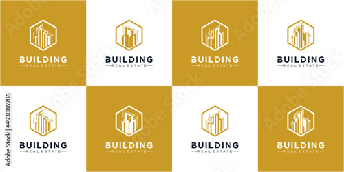 Set of building in hexagon logo design, building vector logo collections