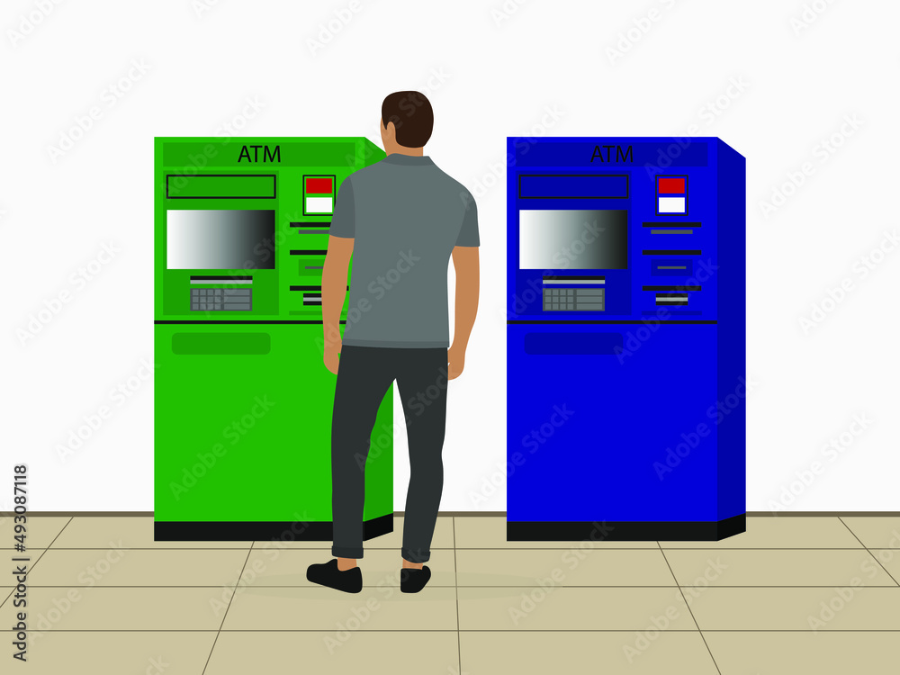 Male character stands in front of two ATM machines indoors Male character stands in front of two ATM machines indoors