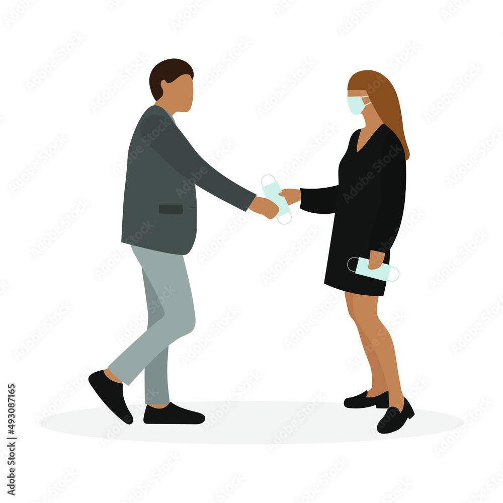Female character in medical mask giving medical mask to male character on white background Female character in medical mask giving medical mask to male character on white background