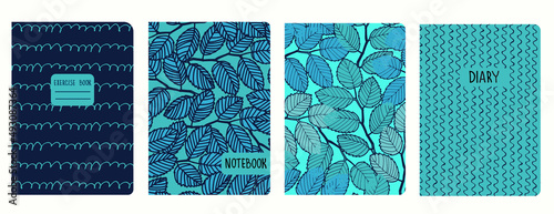 Set of cover page templates with elm tree branches and leaves. Based on seamless patterns. Headers isolated and replaceable. Perfect for school notebooks, diaries