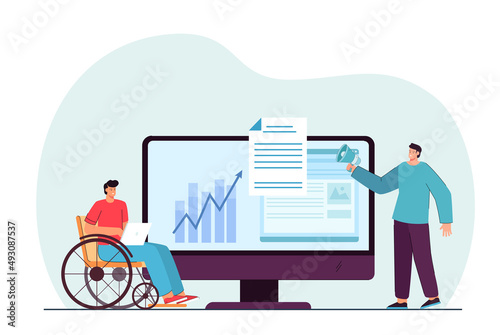 Worker in wheelchair next to monitor with statistics graph. Company with marketing strategy flat vector illustration. Disability, accessibility, business growth concept for banner or landing web page