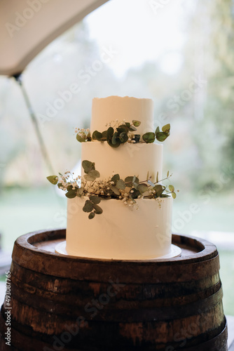 Beautiful white wedding cake decorated with eucalyptus and flowers
