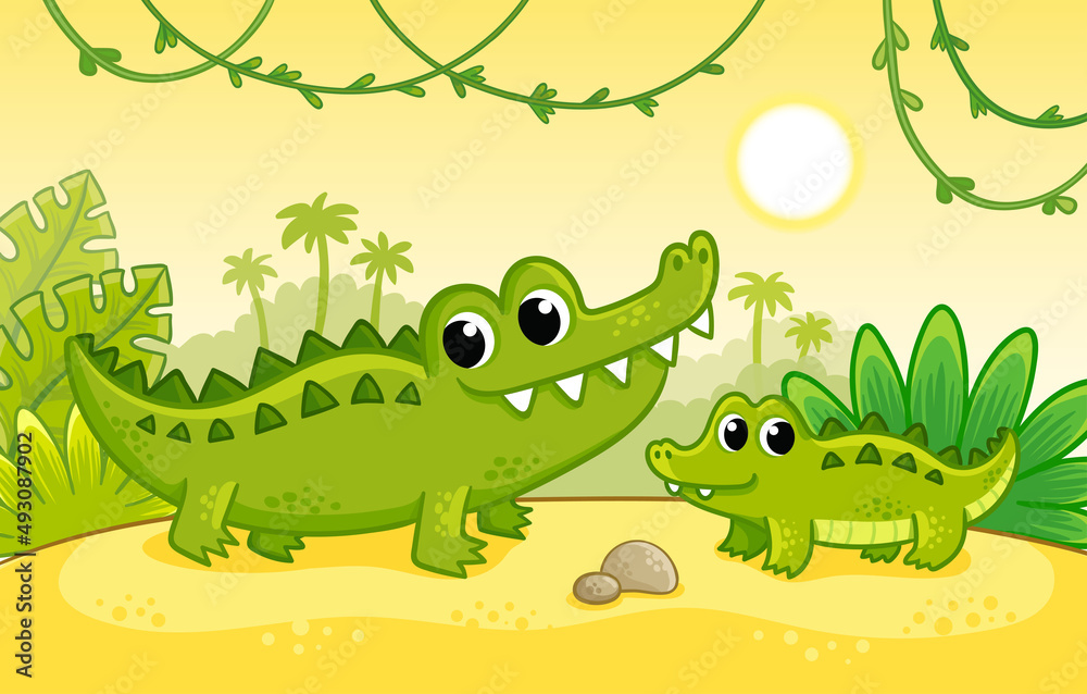 Cute crocodile with a cub stands on a sandy beach among the jungle. Vector illustration Cute crocodile with a cub stands on a sandy beach among the jungle. Vector illustration