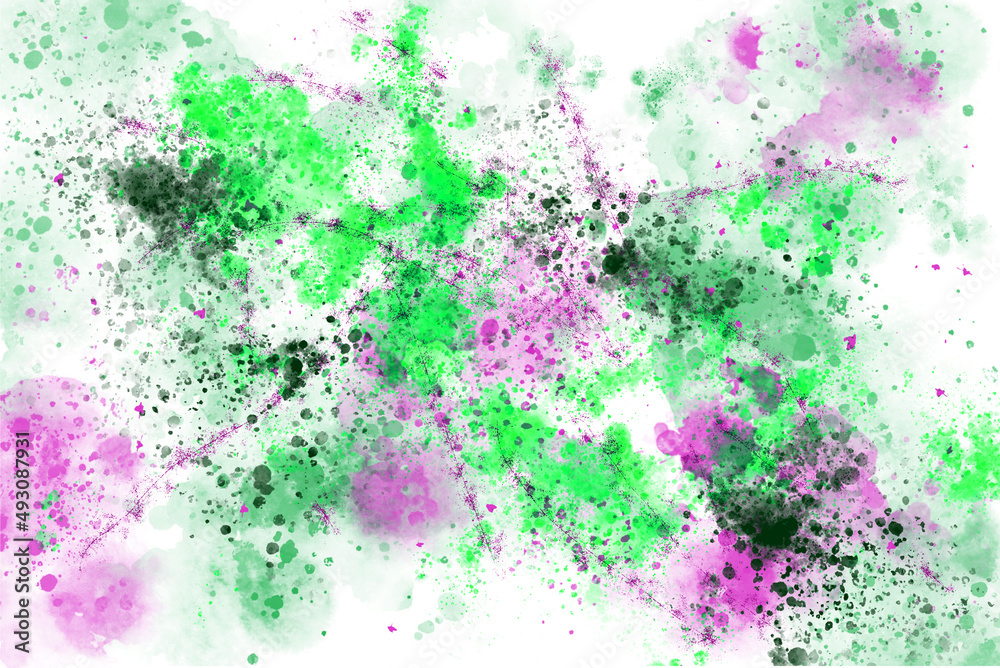 Magenta and green watercolor splashes, stains and streaks on a white background. Abstract watercolor background. Illustration.