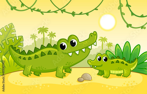 Cute crocodile with a cub stands on a sandy beach among the jungle. Vector illustration