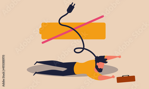 Worker sleep with low battery. Business break character and routine problem overwork vector illustration concept. Office man have pressure and exhaustion energy. People discharged charge and weak photo