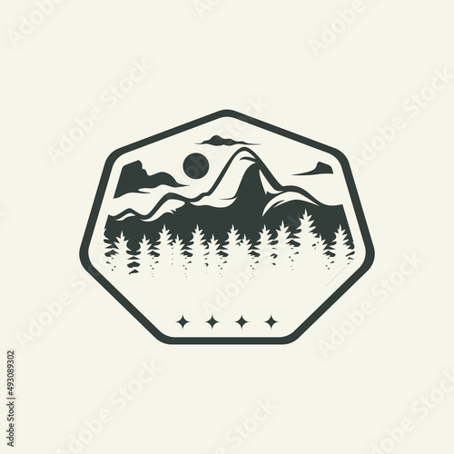 Line art Mountain emblem logo, outdoor adventure emblem, badge and mountain logo. Mountain tourism, hiking. Jungle camp label in vintage style.