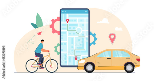 Man on bike tracking route on screen of smartphone. Person using mobile app with interactive map, pin location for sport, travel and delivery flat vector illustration. Navigation service concept