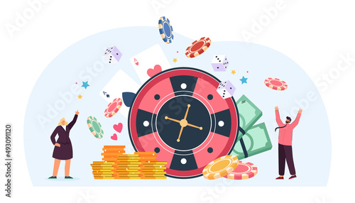 Happy people winning money in casino roulette and poker. Tiny man and woman playing online gambling games, standing with fortune wheel, cards and chips flat vector illustration. Gamble, risk concept