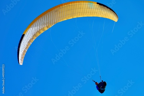 yellow and blue freedom parashute in the sky 