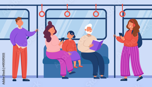 Cartoon passengers riding underground train. Metro or subway trip, city or public transport flat vector illustration. Transportation, traveling concept for banner, website design or landing web page