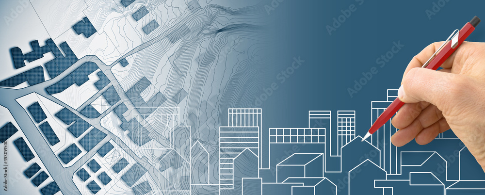 © Francesco Scatena - Architect or Engineer drawing a city skyline with residential building over an imaginary city map