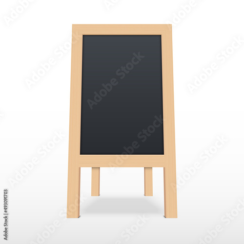 Wooden sidewalk sign with blank black menu board isolated on white background, vector illustration