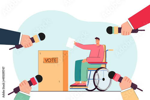 Man with disability voting surrounded by hands with microphones. Tiny person sitting in wheelchair flat vector illustration. Election, interview concept for banner, website design or landing web page