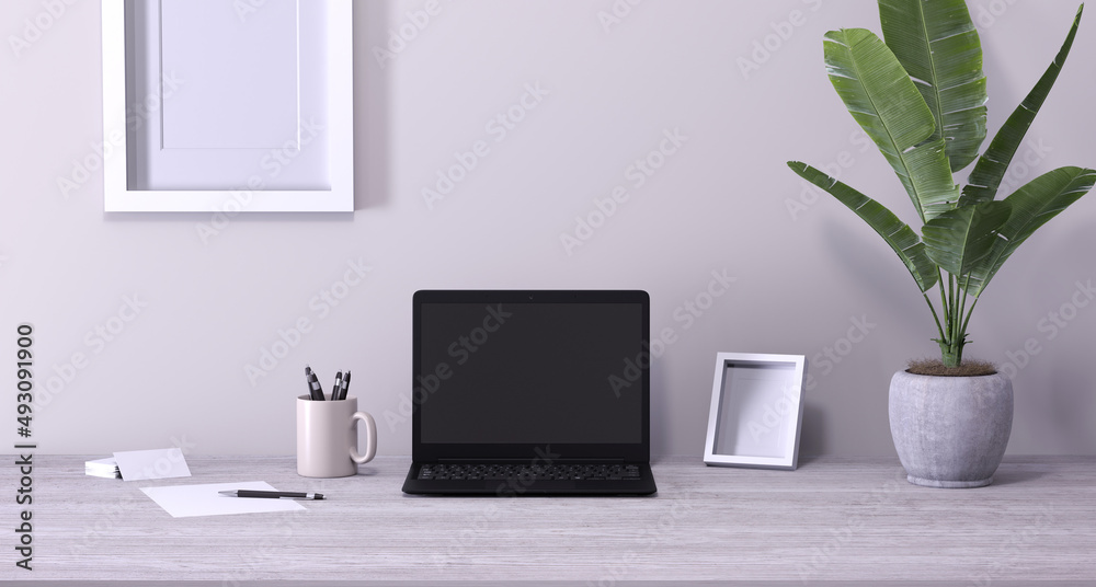 ordinateur portable sur un bureau - mock up - rendu 3D ordinateur portable sur un bureau - mock up - rendu 3D