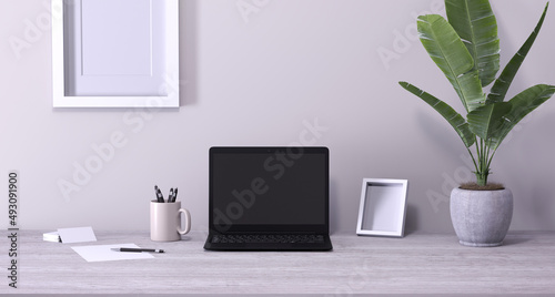 Wallpaper Mural ordinateur portable sur un bureau - mock up - rendu 3D Torontodigital.ca