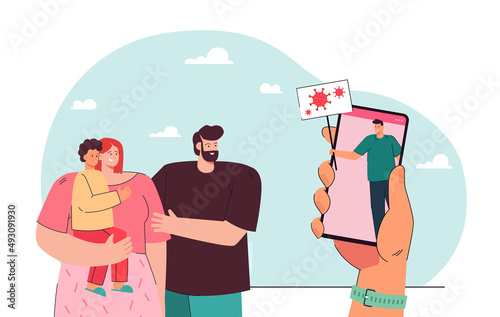 Online medical report about corona virus for tiny family. Hand holding mobile phone with man on screen flat vector illustration. News, medicine concept for banner, website design or landing web page