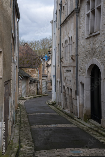 Chablis, France - February 23, 2022: Chablis is a town in the Bourgogne-Franche-Comte famous for its french white wine. Cloudy winter day. Selective focus. © Maurizio