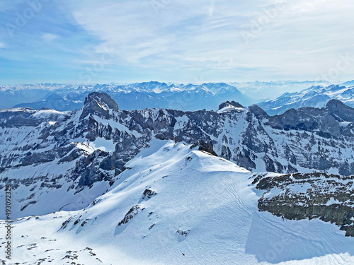View of the snowy alpine peaks from Säntis, the highest peak of the Alpstein mountain range in the Swiss Alps - Canton of Appenzell Innerrhoden, Switzerland (Schweiz)