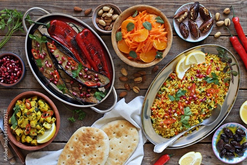  African food table concept. Traditional African or middle eastern dishes assortment. Selective focus