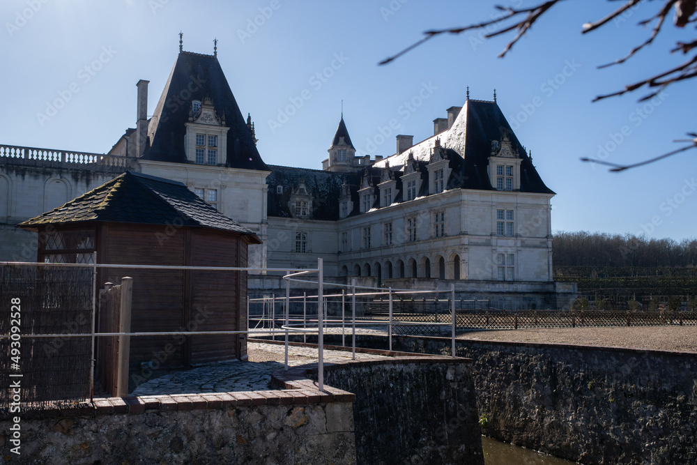 Villandry, France - February 26, 2022: The Castel of Villandry is a 14th-century castle in the Centre-Val de Loire. Sunny winter day. Selective focus.